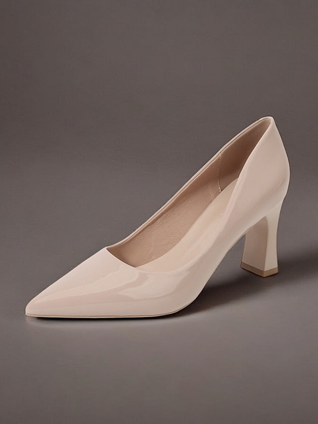 Pointed-Toe Heel Block Leather Patent Pumps Green Faux Glossy