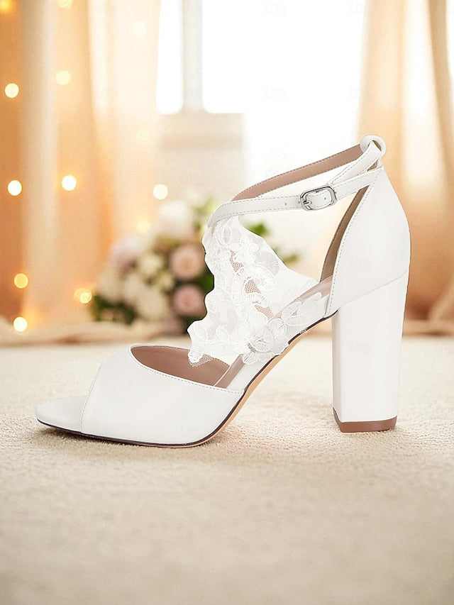 Ankle with White Strap Heel Block Women's Sandals - Lace
