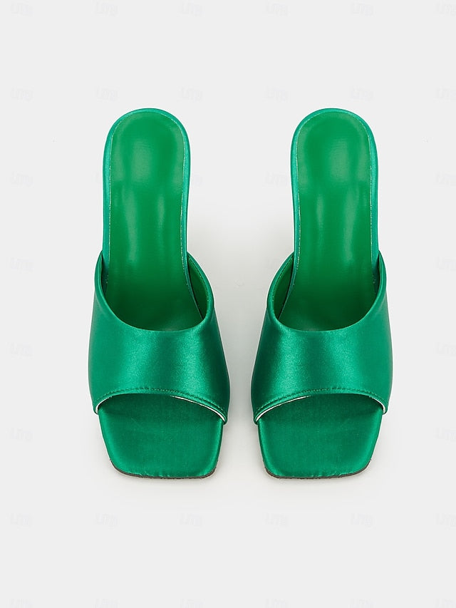 Green for Heels with Block Satin Mules Transparent Open-Toe