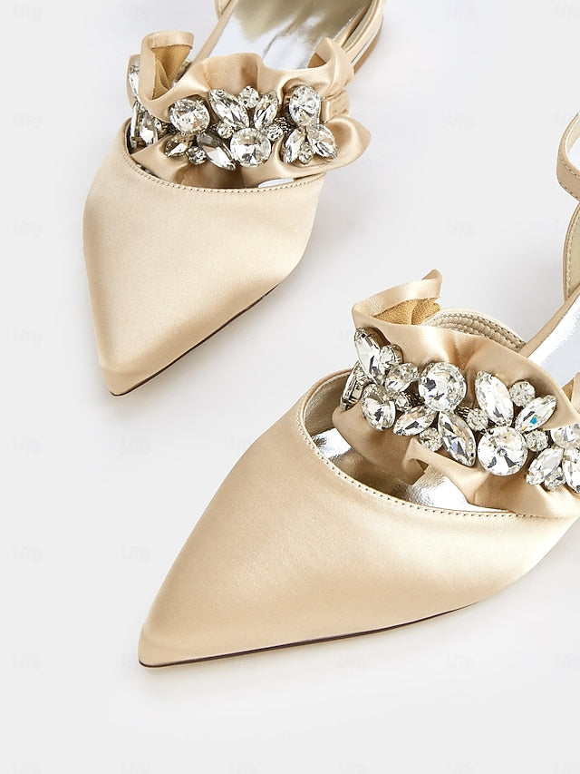 with Pointed-Toe Satin Women's Rhinestone Black Flats