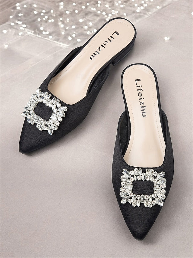Black Mules Women's Pointed-Toe Satin Rhinestone with