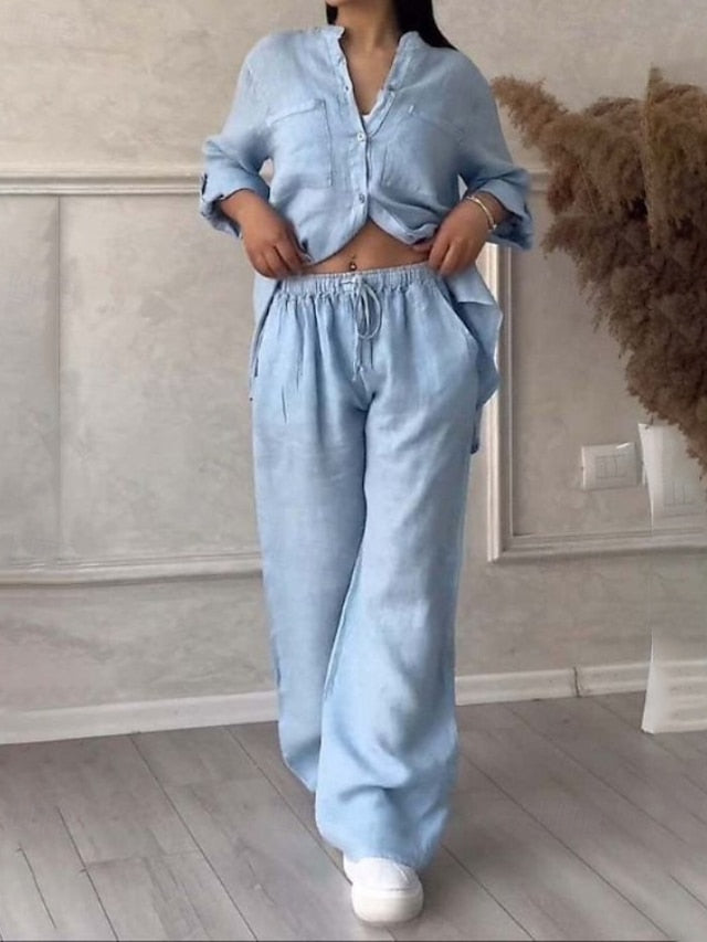 Women's Shirt Blouse Pants Sets Long Sleeve Shirt Collar