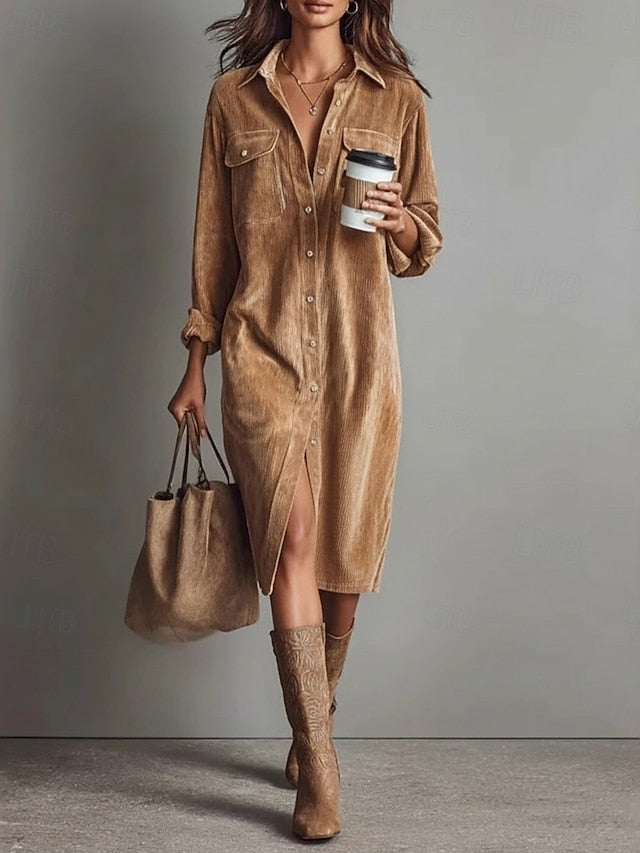 Women's Corduroy Midi Dress Shift Dress Casual Boho Office