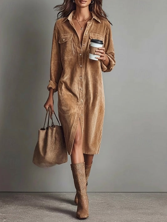 Women's Corduroy Midi Dress Shift Dress Casual Boho Office