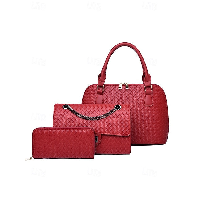 Faux Set Handbag Brown Women's Woven 3-Piece Leather –