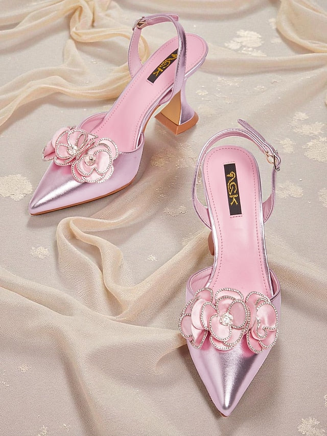 Floral Satin Heels Pointed Women's with Pink Toe