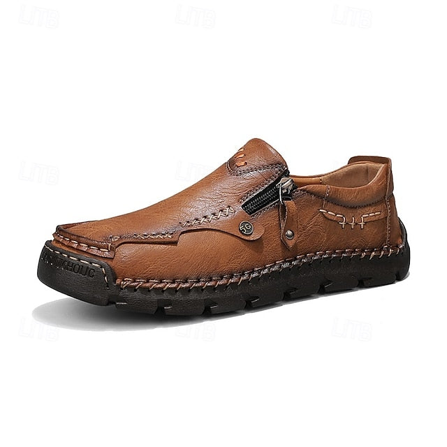 Leather with Side Faux Brown Slip-On Loafers Men's Zipper