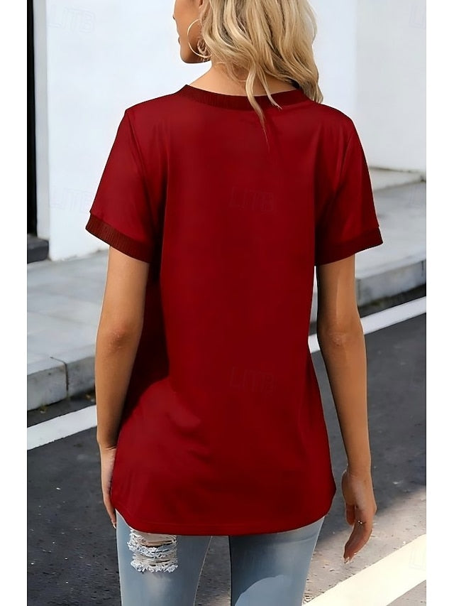 Women's T Shirt Patchwork Pocket Color Block Solid Color