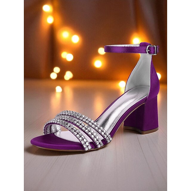 Sandals Purple Heel Women's Block Satin with Rhinestone