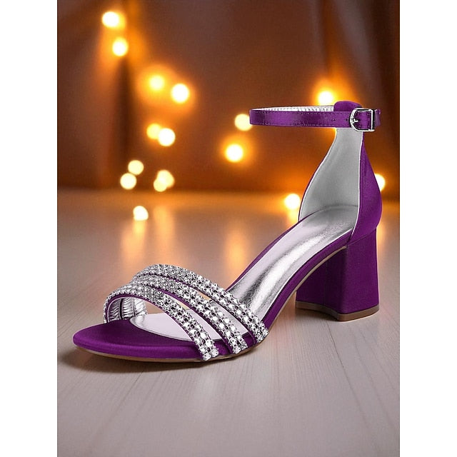 Rhinestone Heel Purple with Satin Block Sandals Women's