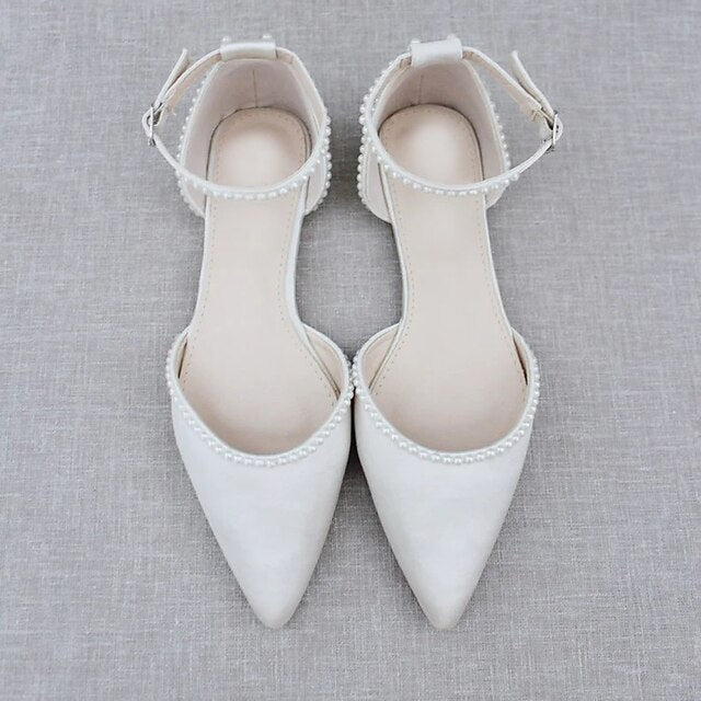 with Toe White Women's Shoes Flat Pearl-Embellished Pointed