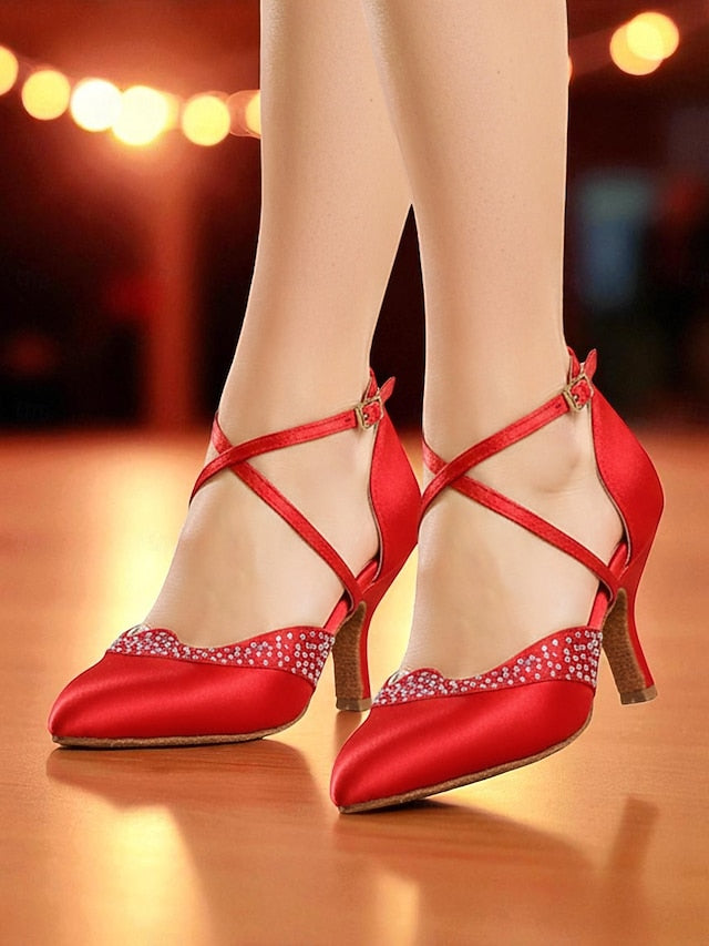 Closed Women's Dance Shoes Cross Satin Toe Red Ballroom -