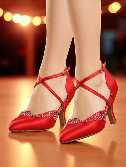 Closed Women's Dance Shoes Cross Satin Toe Red Ballroom -