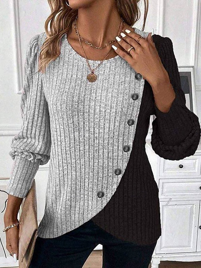Women's Blouse Patchwork Buttons Geometric Color Block