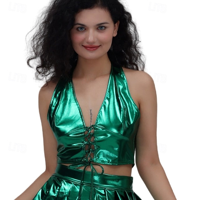 Retro Vintage 1980s Crop Top Disco Halter Shiny Latex Patent
