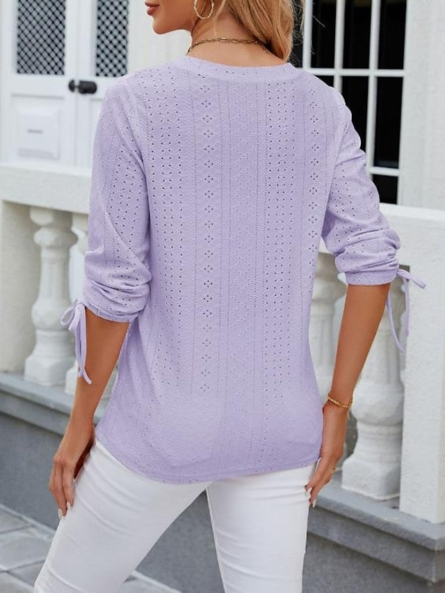 Women's White Elegant Lace Tops Eyelet Blouse Stylish