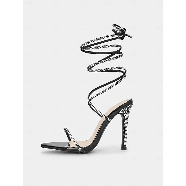 Black Rhinestone – Stiletto Sandals Lace-Up Sexy Women's