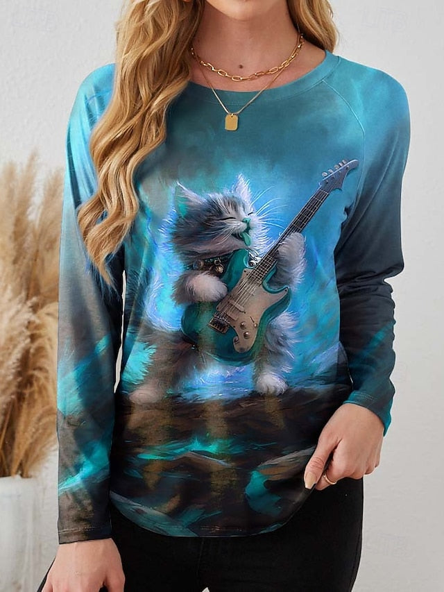 Women's T Shirt Print Heart Plaid Casual Long Sleeve Crew