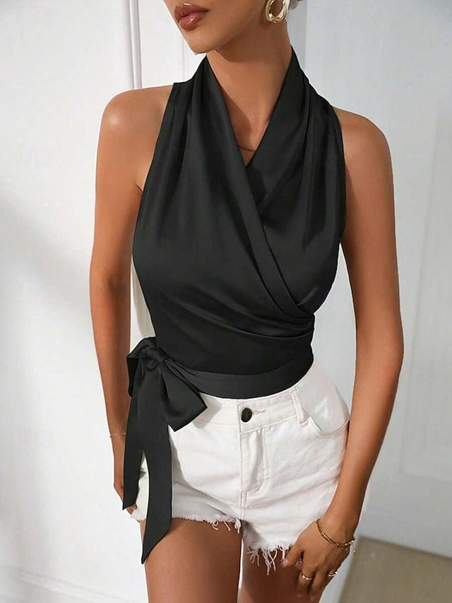 Women's Satin Tank T Shirt Tee Top Wrap Plain Elegant