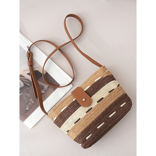 Tote Women's Colorblock Striped Woven Brown Bag Straw with