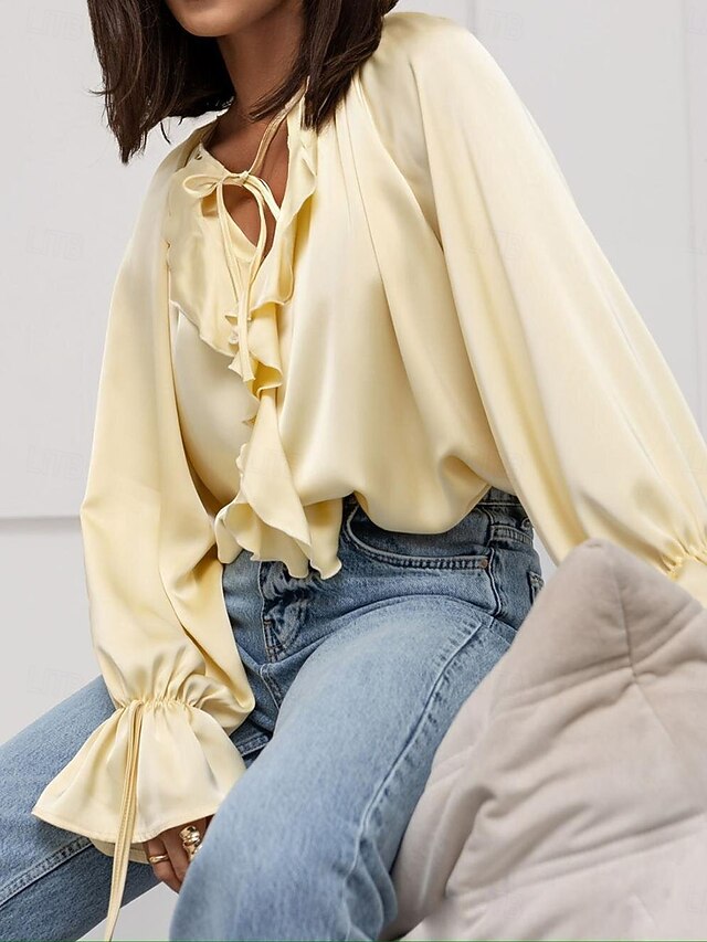 Women's Shirt Blouse Ruffle Patchwork Plain Elegant