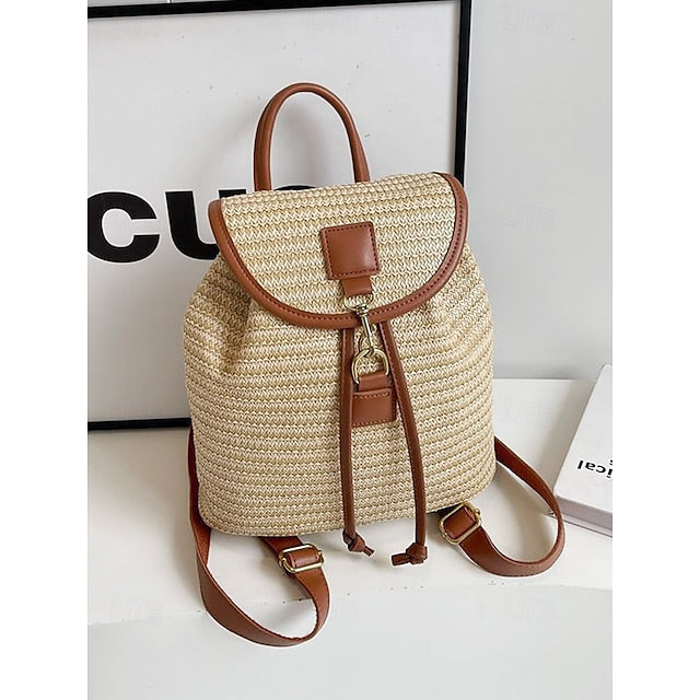 Rattan Backpack Travel Woven with for Bag Boho Women Straw –