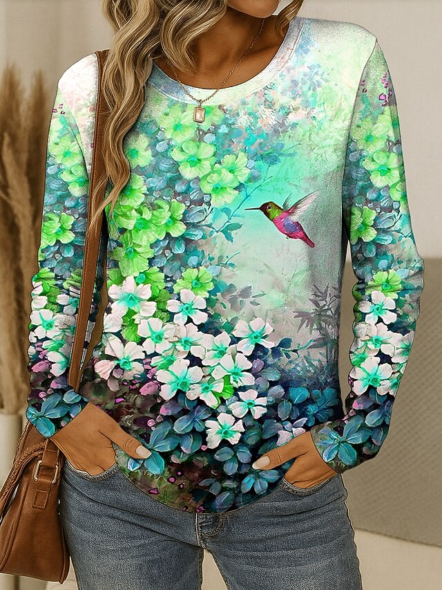 Women's T shirt Crew Neck Long Sleeve Tunic Floral Graphic