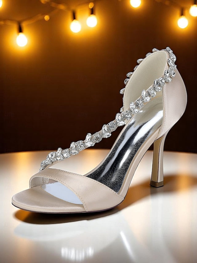 Crystal Heels Satin Champagne Women's – T-Strap with High