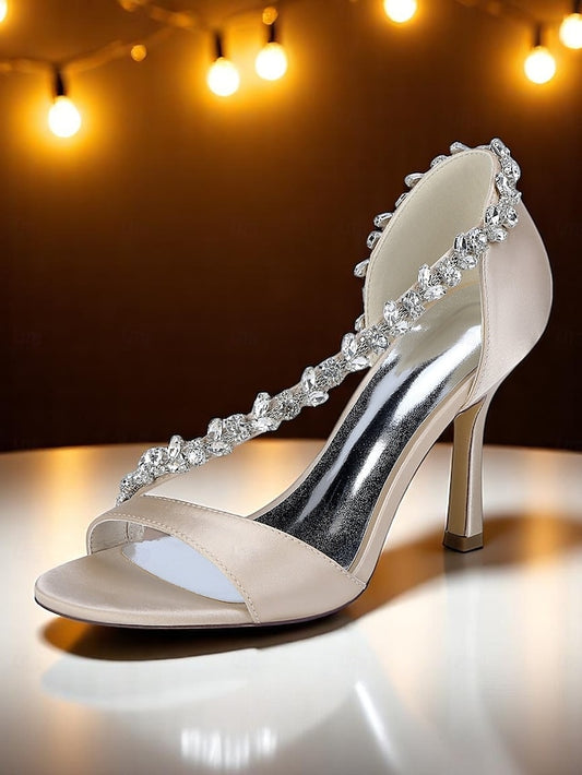 Crystal Heels Satin Champagne Women's – T-Strap with High