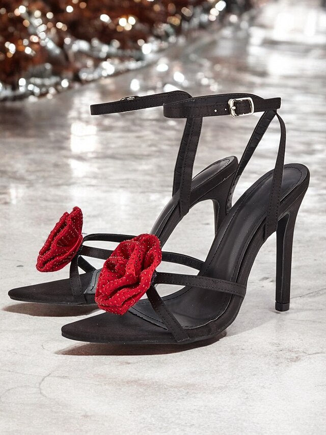 Floral High Black Embellishments Chic Red - Sandals Heel with
