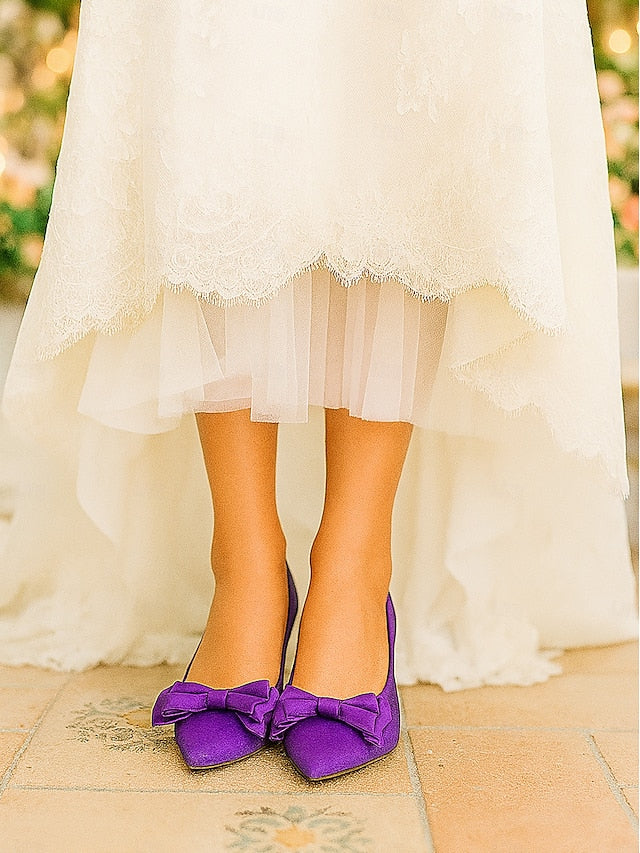 Green Elegant Flats - Satin Women's Pointed Toe Bow