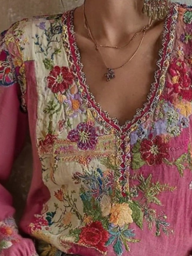 Women's Shirt Boho Shirt Blouse Embroidered Floral Graphic