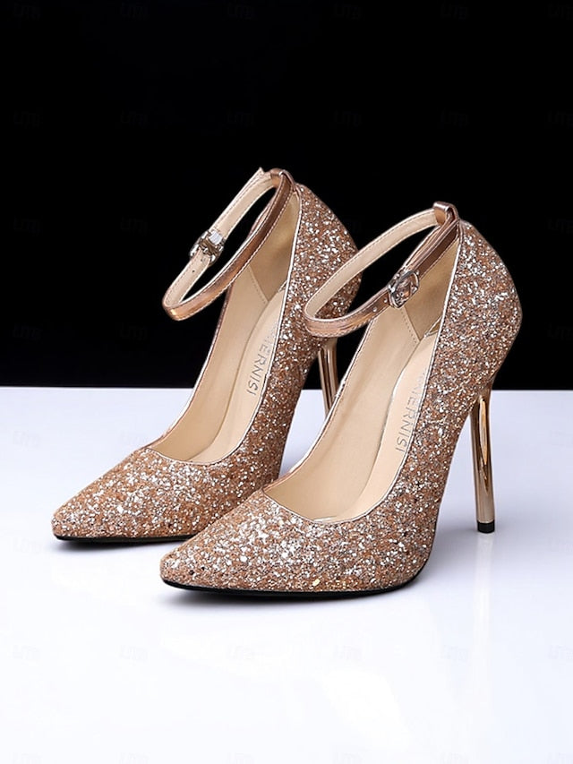 Women's Pointed – Gold Sparkly Stiletto Heels Toe Glitter