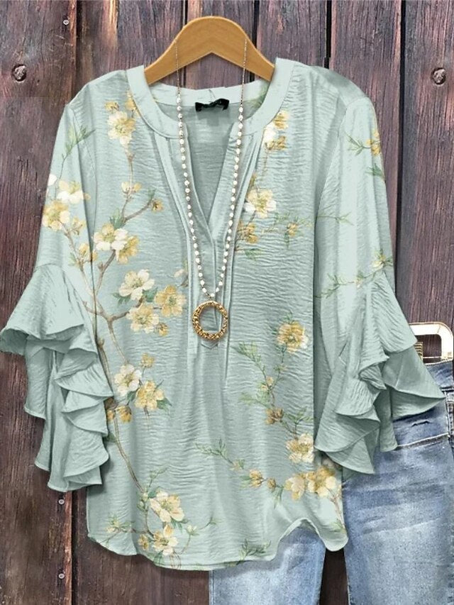Easter Women's Blouse V Neck Floral Graphic Elegant Bohemia