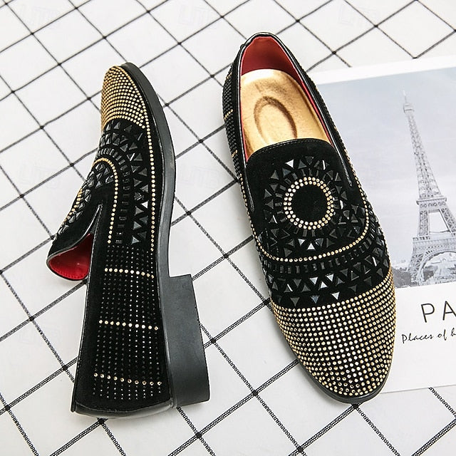 Black Spiral Men's Loafers Studded - Velvet Shoes Prom with