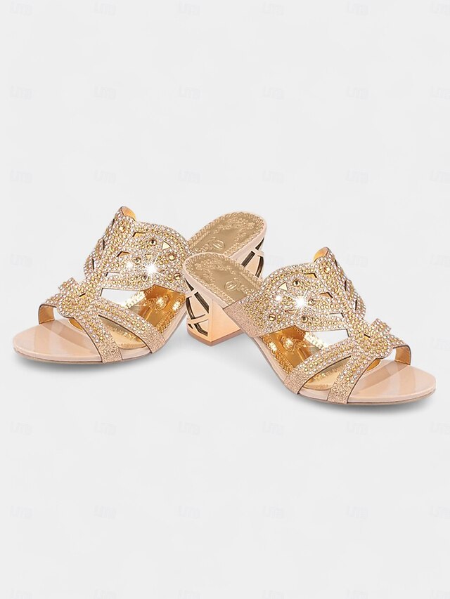 and Gold - Heeled Sandals Embellished Green Rhinestone