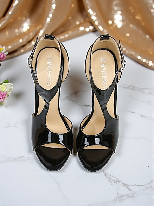 - Strappy Open Women's Red Patent Heels Leather Stiletto