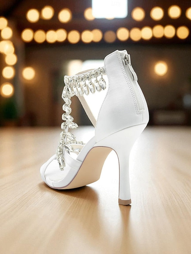 White Sandals Heel Rhinestone High Women's with Strappy