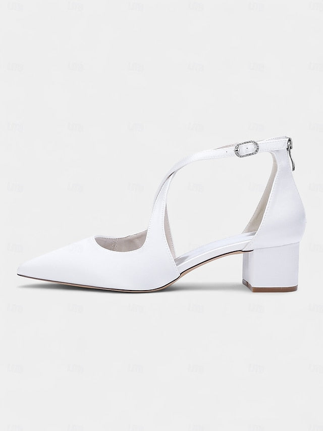 - Pointed Toe Women's Satin Elegant Ivory Block Heels