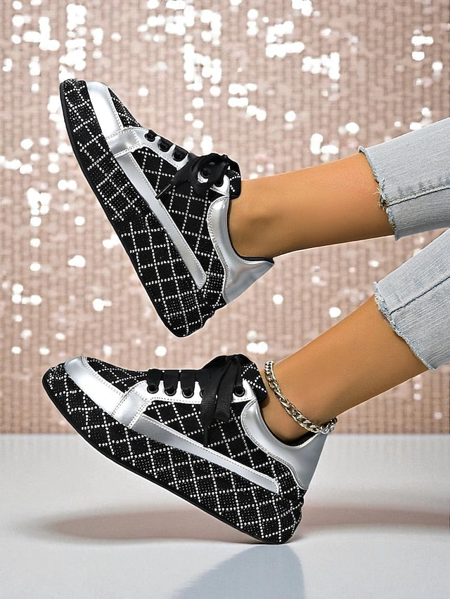 Silver Black Women's Rhinestone Quilted Sneakers - and
