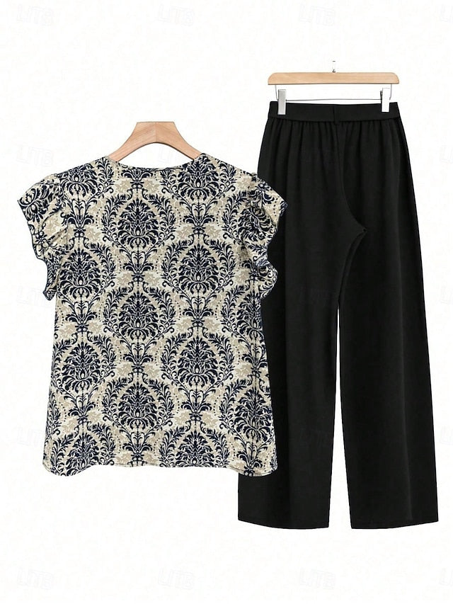 Women's Blouse Wide Leg Pants Sleeveless V Neck Floral