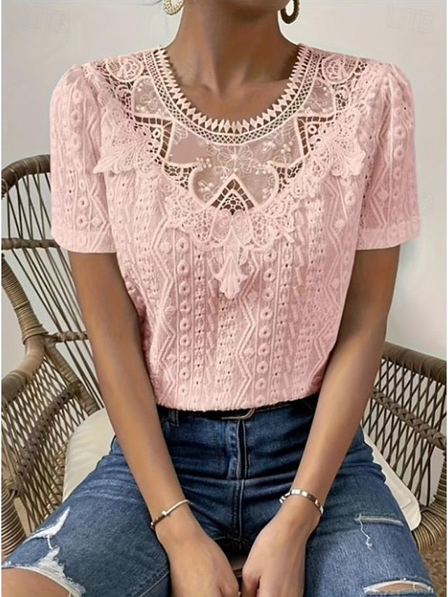 Women's T Shirt Lace Patchwork Plain Fashion Modern Casual
