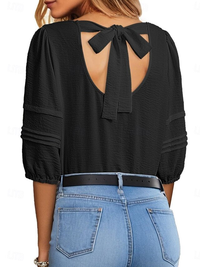 Women's Blouse Solid Color Stylish Casual 3/4 Length Sleeve