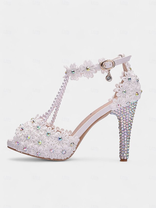 T-Strap Lace Floral Pearl-Decorated Sandals White - Bridal