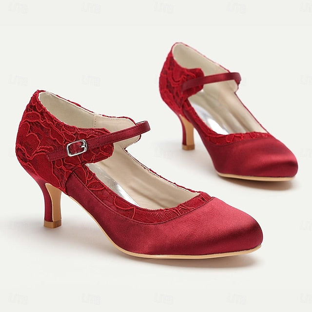 Mid-Heel Women's Comfortable Lace Satin Elegant Red - Heels