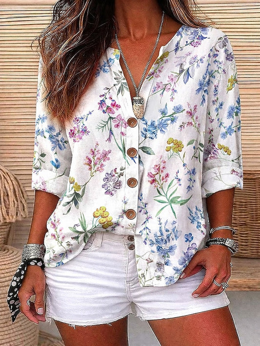 Women's Shirt Tunic Summer Tops Buttons Floral Graphic