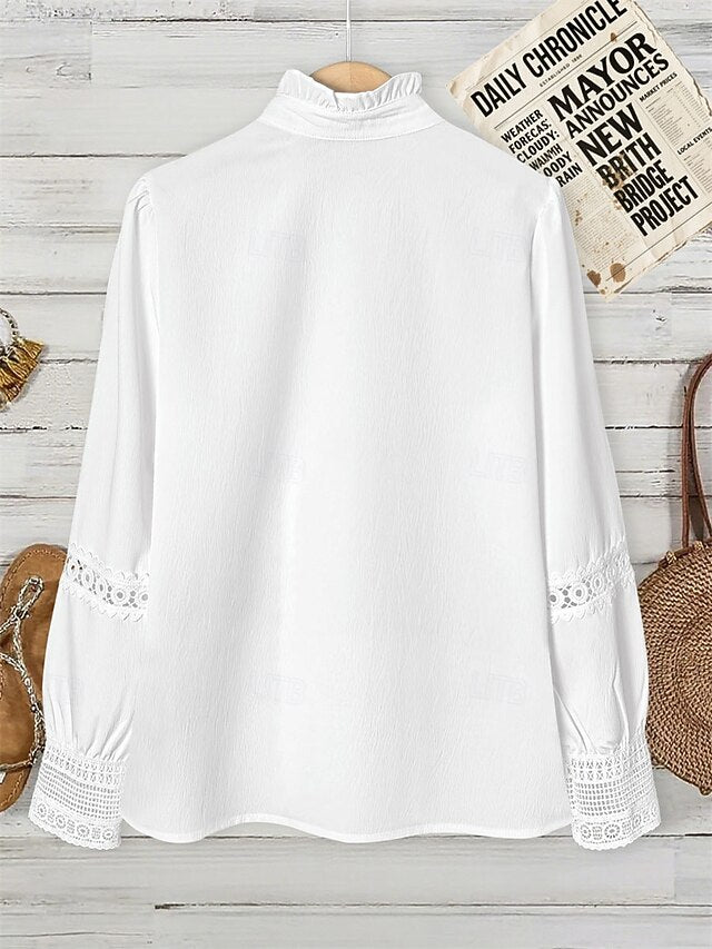 Women's Shirt Blouse Eyelet top Ruched Patchwork Eyelet