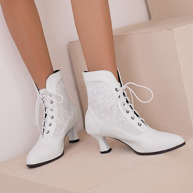 Embroidered Women's Boots with Panels Lace-Up Ankle White
