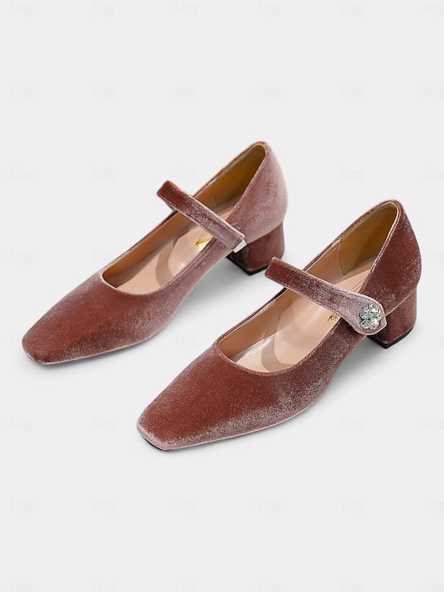 Jane Block Velvet Mary Green Square Women's - Toe Pumps