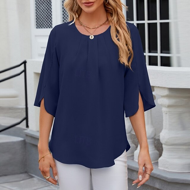 Women's Shirt Blouse Chiffon Tops Ruched Plain Stylish